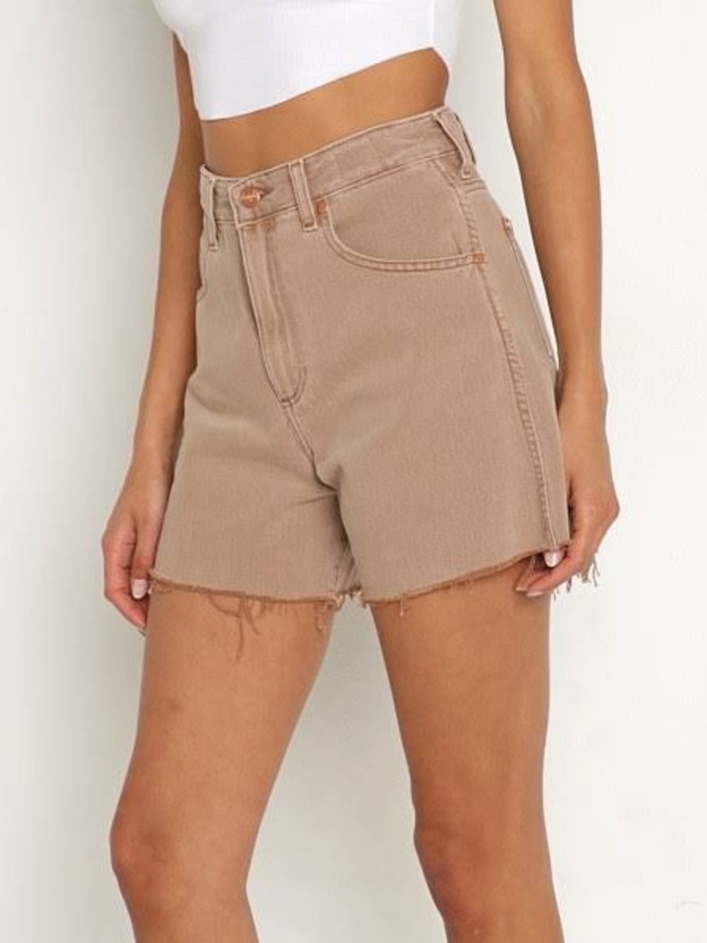 Wrangler Tan High-Rise Frayed Hem Denim Shorts